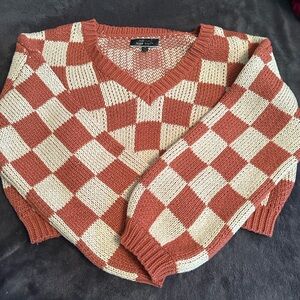 Blue Blush Checkered V-Neck Sweater - Rust and Cream